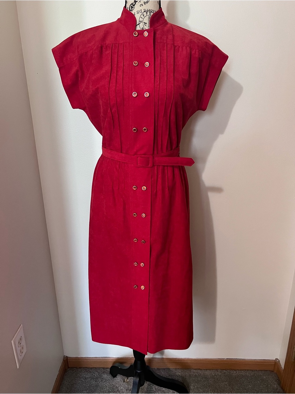 Vintage Leslie Fay Red Faux Suede Belted Shirt Dress Pintuck Double Breasted M